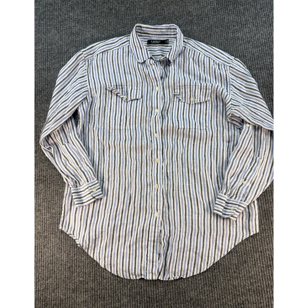 Lauren Ralph Lauren Vertical Stripe Linen Button Front Blouse Women's Large Blue